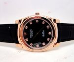 Rolex Cellini Rose Gold Black Diamond Markers Black Leather Japan Grade